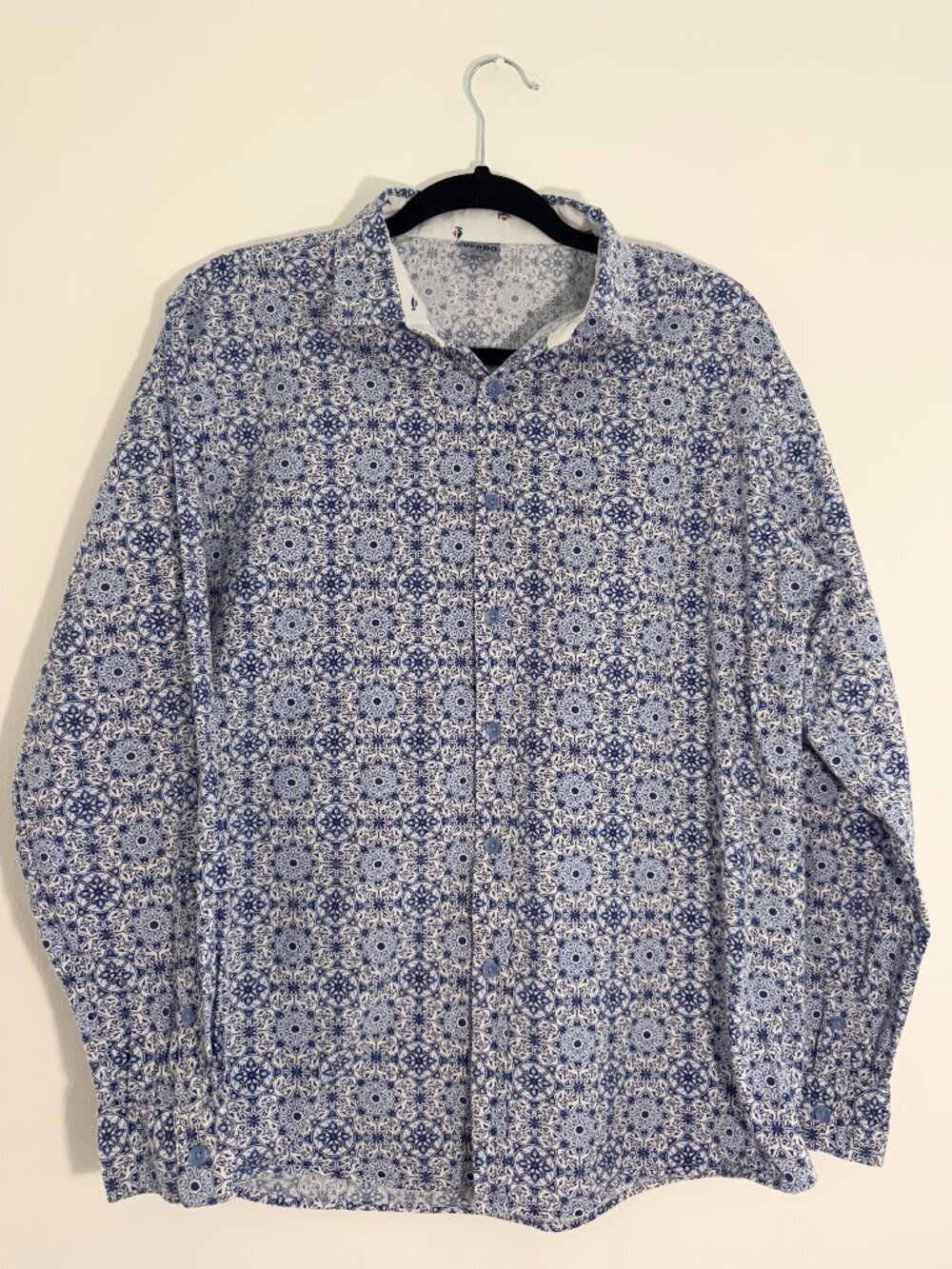 Verdo Blue White Linen Cotton Medallion Print Button Down Shirt Medium
